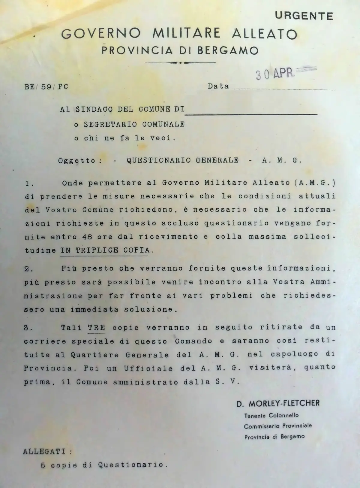Lettera urgente del Governo Militare Alleato, 30 aprile 1945