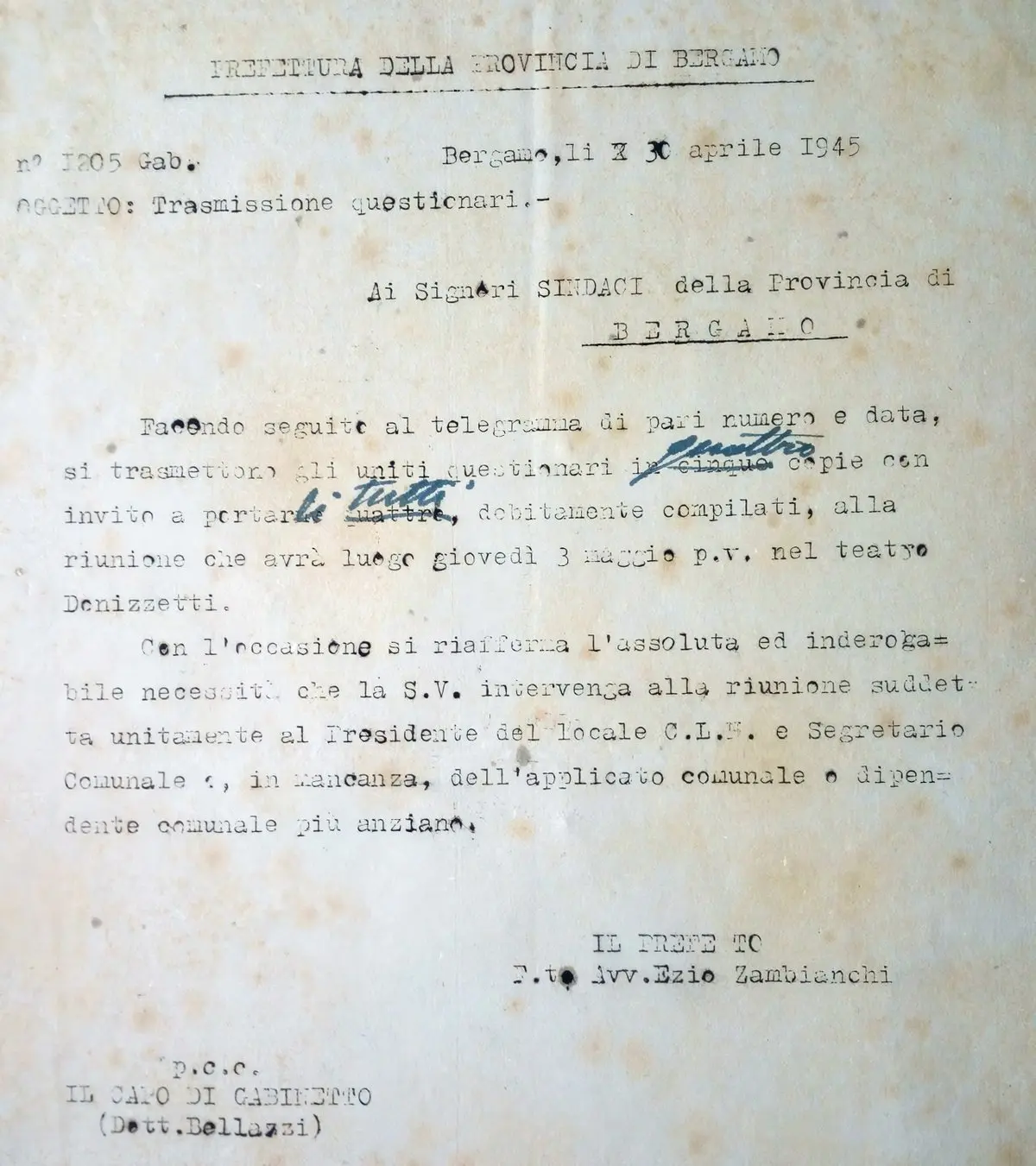 Lettera della Prefettura di Bergamo — Prefetto avv. Ezio Zambianchi, 30 aprile 1945