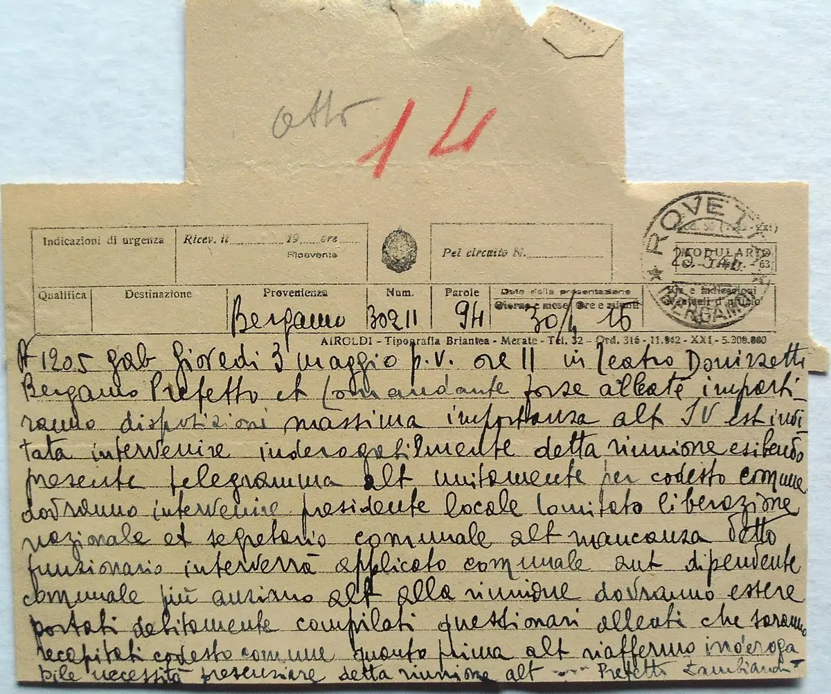 Telegramma ai Sindaci e Presidenti del CLN — trasmissione questionari