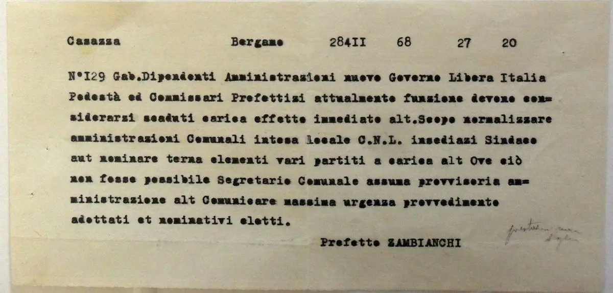 Telegramma del Prefetto Zambianchi ai Comuni